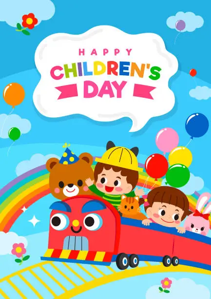 Vector illustration of Children's day Poster invitation vector illustration. Kids having fun on roller coaster