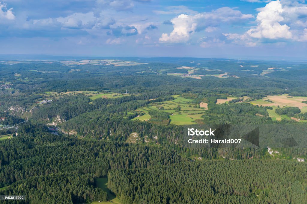 Flight over Franconian Switzerland/Germany View from a motor glider over the picturesque landscape of Franconian Switzerland/Germany with small villages Aerial View Stock Photo
