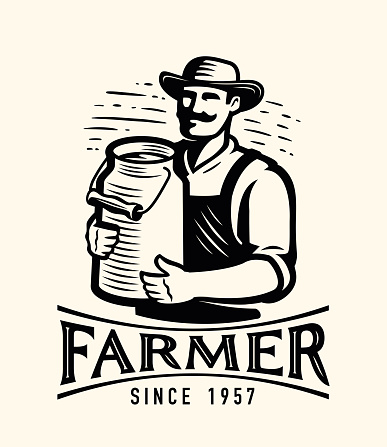 Farmer with milk can, emblem or logo. Dairy farm badge. Healthy organic natural food. Vintage vector illustration