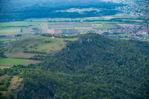 View from a motor glider on one of the holy mountains of Franconia in Franconian Switzerland/Germany, the Walberla with the Walburgis chapel