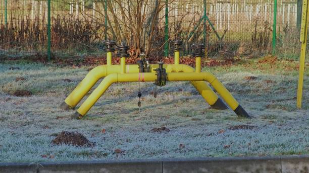 valvole di manutenzione di sicurezza dei tubi del gas naturale presso la stazione di controllo delle giunzioni delle tubazioni - gas oil wellhead gauge foto e immagini stock