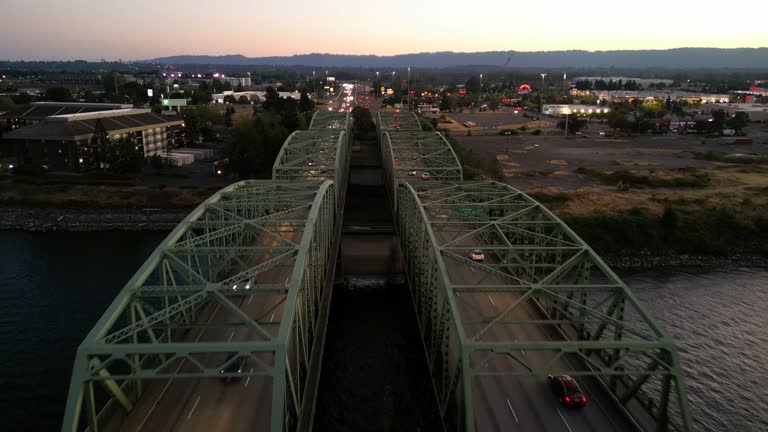 Aerial view of the Interstate bridge from Oregon to Vancouver with traffic at sunset