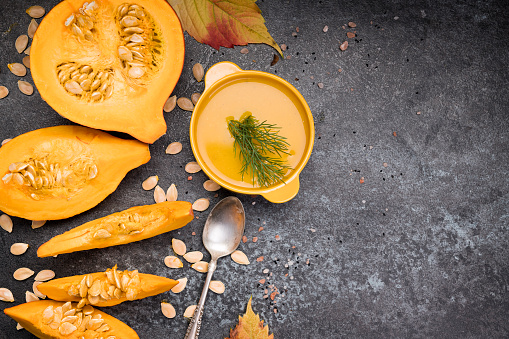 Pumpkin and soup. Top View