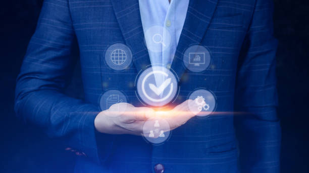 istock Quality management with Quality assurance or QA and Quality control or QC and improvement. Standardization and certification concept. compliance to regulations and standards. concept with manager. 1453821796