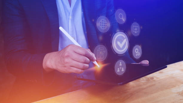 istock Quality management with Quality assurance or QA and Quality control or QC and improvement. Standardization and certification concept. compliance to regulations and standards. concept with manager. 1453821800