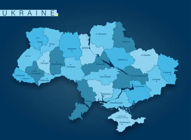 Vector illustration of Map of Ukraine. The map shows cities and their regions. Each area and border can be selected and repainted in a different color.