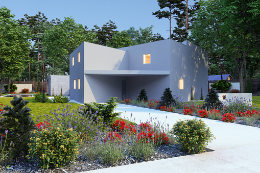 Modern Villa Exterior With Flowers In The Garden