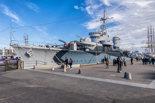 Gdynia, Poland - October 8, 2022 - ORP Blyskawica (Lightning) Grom-class destroyer warship of the Polish Navy which served during World War II. Museum ship and the oldest surviving destroyer existing in the world.