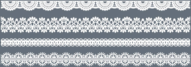 Seamless pattern for creating cards style. Lace decoration template, ribbon with ornament for design Set of wide lace ribbons with print. Black design elements isolated on white background. Seamless pattern for creating style of card with ornaments. Lace decoration template, ribbons for design eyelet stock illustrations