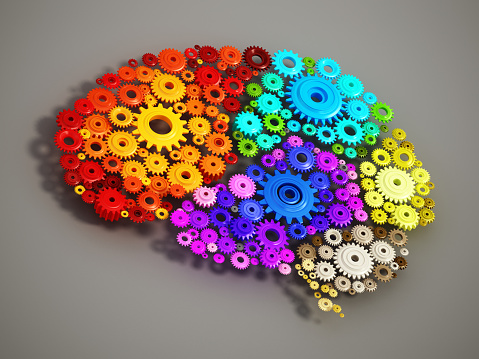 Groups of colorful gears forming parts of human brain altogether.