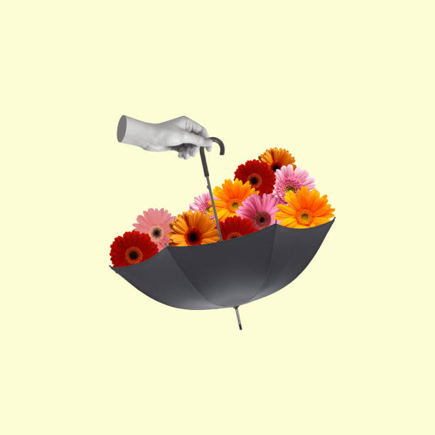 istock Hand holding an umbrella and rain from flowers. 1453826217