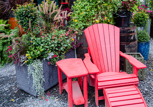 Empty Red Adirondack chair in a backyard garden