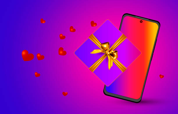istock Smartphone mockup in vertical orientation and gift card, box or certificate with flying romantic red hearts on purple background. Editable abstract 3D Vector illustration for design. 1453828626
