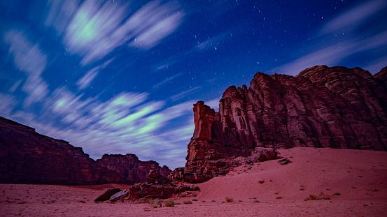 A night long exposure view of the beautiful and savage desert landscapes north of Tabuk in Saudi Arabia