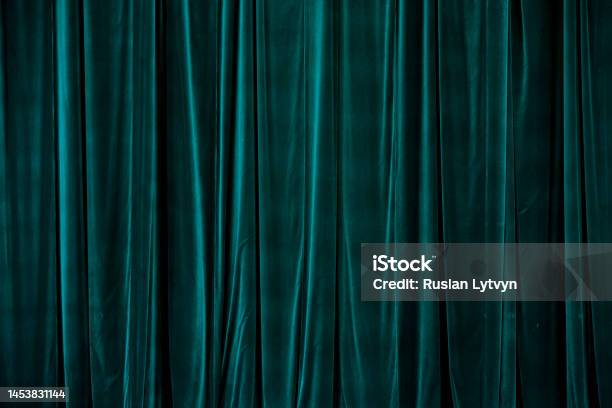 Teal Curtain In Theatre Stock Photo - Download Image Now - Curtain, Velvet, Open