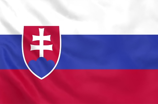 Fabric texture flag of Slovakia. Flag of Slovakia waving in the wind. Slovakia flag is depicted on a sports cloth fabric with many folds. Sport team banner