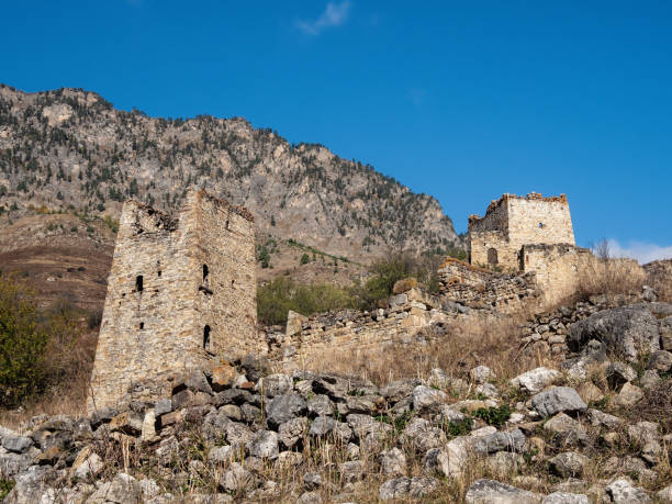 istock Medieval tower complex Egical, one of the authentic medieval castle-type tower villages, located on the extremity of the mountain range in Ingushetia, Russia. 1453832721