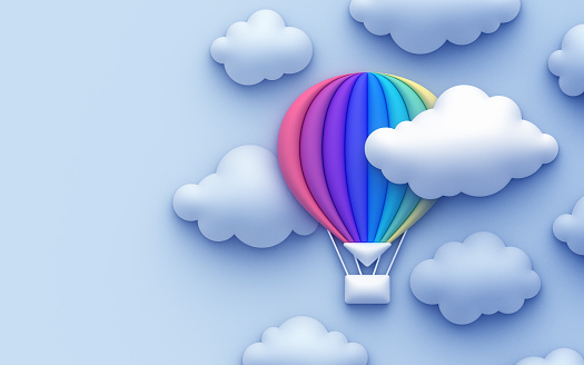 Hot air balloon in fluffy puffy clouds 3d Abstract Sky Background