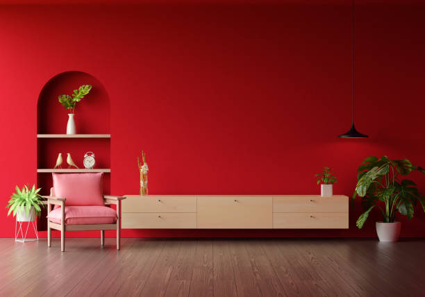 istock Wood sideboard in red living room with copy space, 3D rendering 1453835765
