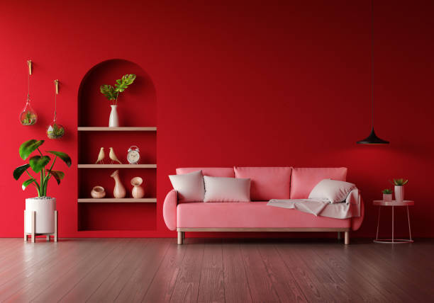 istock Sofa in red living room with copy space for mock up, 3D rendering 1453835780