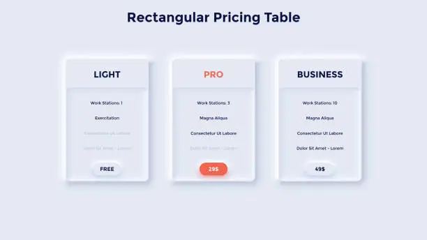 Vector illustration of Three rectangular pricing tables or subscription plans with list of features to compare and select - light, pro, business. Neumorphic infographic design template. Modern vector illustration for.