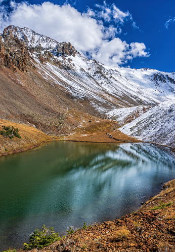 The back side of Mount Sneffels with fresh snow reflected in vibrant Middle Blue Lake near Telluride, Colorado.