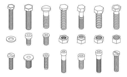 Screw-bolt icons set. Isometric set of screw-bolt vector icons outline isolated on white background