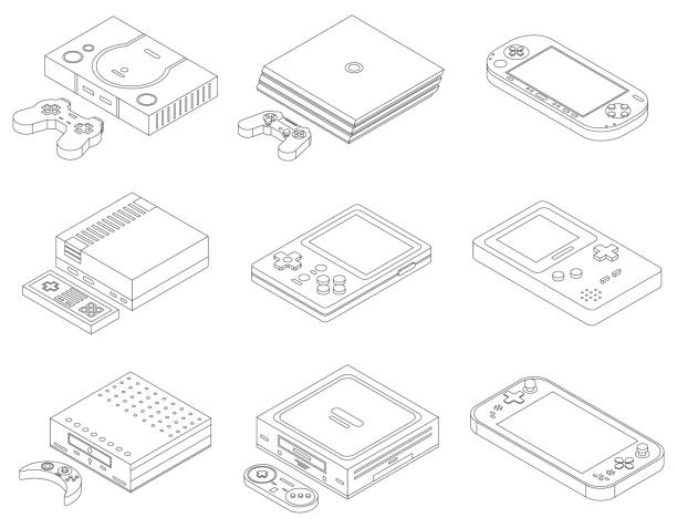 ikony konsoli ustawiają kontur wektorowy - three dimensional shape joystick gamepad computer icon stock illustrations