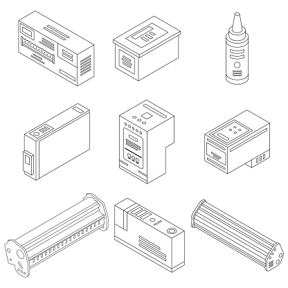 Cartridge icons set. Isometric set of cartridge vector icons outline thin lne isolated on white