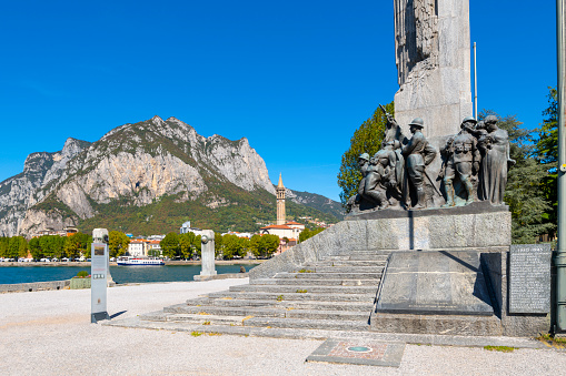 The Monument to the Fallen, or Monumento Ai Caduti, along the coast of the lakefront town of Lecco, Italy, in the southeastern area of Lake Como, in northern Italy.