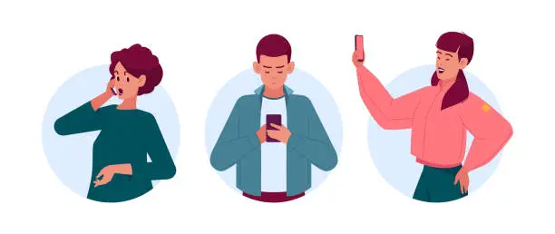 Vector illustration of People With Phones Isolated Round Icons Or Avatars. Male And Female Characters Chat, Making Selfie, Play Games