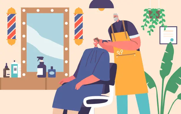 Vector illustration of Visitor in Barber Shop. Hairdresser Barber Doing Hairstyle to Young Male Client Sitting on Chair front of the Mirror