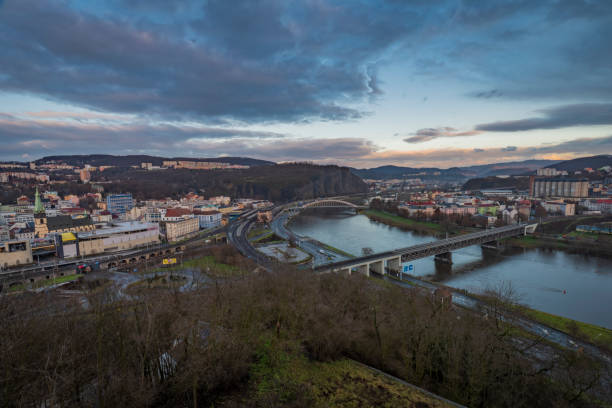 View for centre of city in winter cloudy evening 12 24 2022 Usti nad Labem CZ stock photo