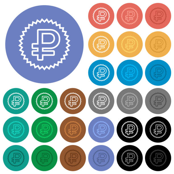 Russian Ruble sticker outline round flat multi colored icons Russian Ruble sticker outline multi colored flat icons on round backgrounds. Included white, light and dark icon variations for hover and active status effects, and bonus shades. multi medal stock illustrations
