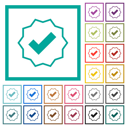 Verified sticker outline flat color icons with quadrant frames on white background