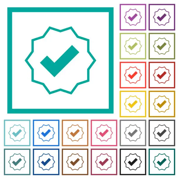 Vector illustration of Verified sticker outline flat color icons with quadrant frames