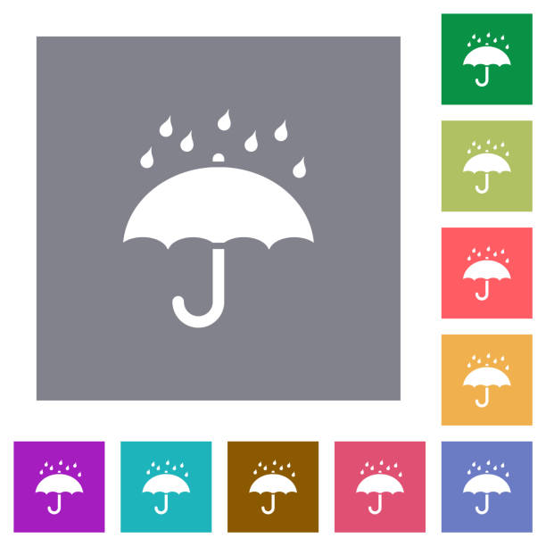 Umbrella with rain outline square flat icons Umbrella with rain outline flat icons on simple color square backgrounds aegis stock illustrations