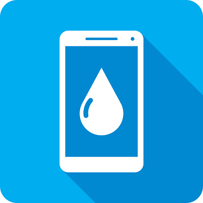 Vector illustration of a smartphone with water droplet icon against a blue background in flat style.