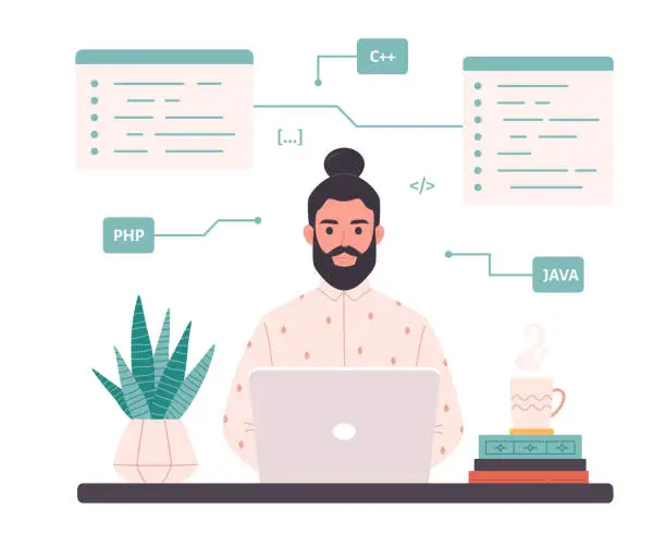 Vector illustration of Man working on laptop. IT developer. Programming code. Freelance, remote working, programming. Vector illustration in flat style