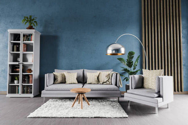 istock minimalistic modern elegant living room interior with single vintage sofa in front of blue wall, shelf and white carpet; copy space; 3D Illustration 1453849807