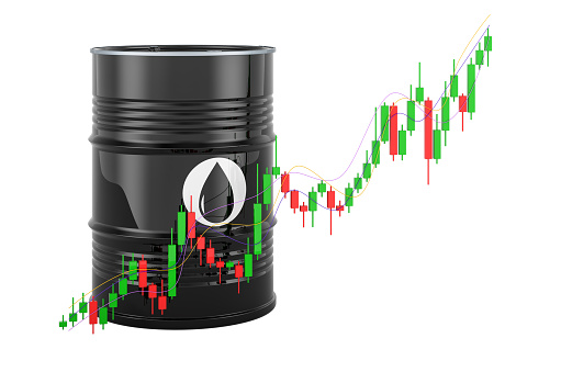 Oil barrel with Japanese candlestick red and green chart showing uptrend oil market, concept. 3D rendering isolated on white background