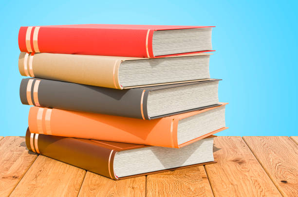 istock Stack of colored books on the wooden planks, 3D rendering 1453851880