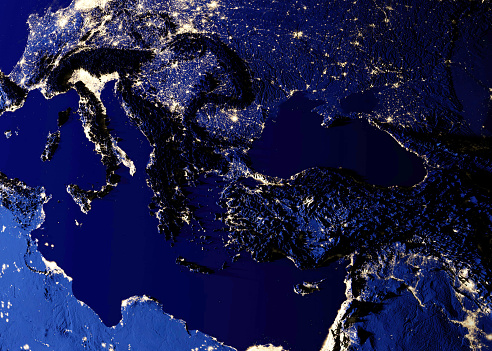 Physical map of the world, satellite view of Europe and North Africa. Night view. City lights. Globe. Hemisphere. Reliefs and oceans. 3d rendering. Elements of this image are furnished by NASA\n\nhttps://eoimages.gsfc.nasa.gov/images/imagerecords/79000/79793/city_lights_africa_8k.jpg