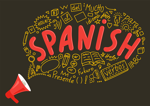 Spanish. Megaphone with language hand drawn doodles and lettering. Translation: Present, Spanish, hello, language, Future, a lot, for, verbs