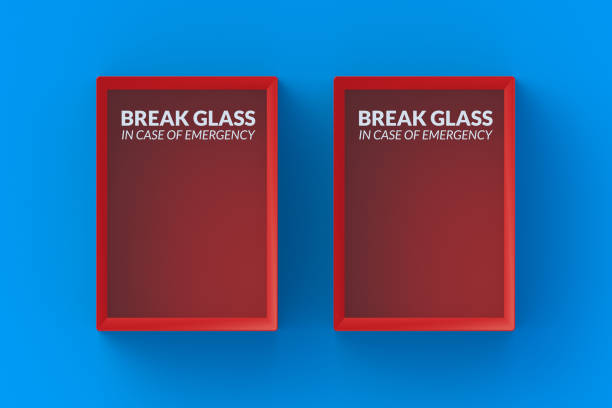 Two empty emergency boxes with breakable glass. Top view. 3d render Two empty emergency boxes with breakable glass. Top view. 3d render emergency break glass box stock pictures, royalty-free photos & images