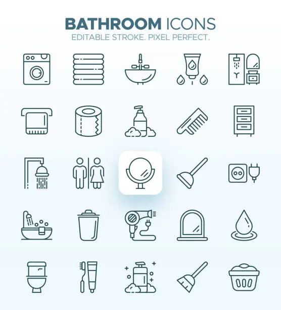Vector illustration of Bathroom Icons - Toilet, Shower Cabin and Bathroom Accessories Symbols