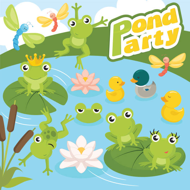 teich-party-kreaturen - frog jumping pond water lily stock-grafiken, -clipart, -cartoons und -symbole