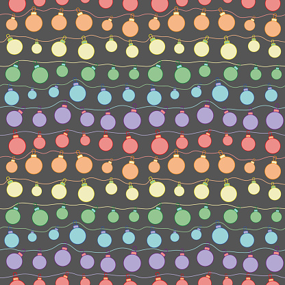 istock Modern seamless vector pattern with little Christmas balls in rainbow colours on neutral grey. 1453858319