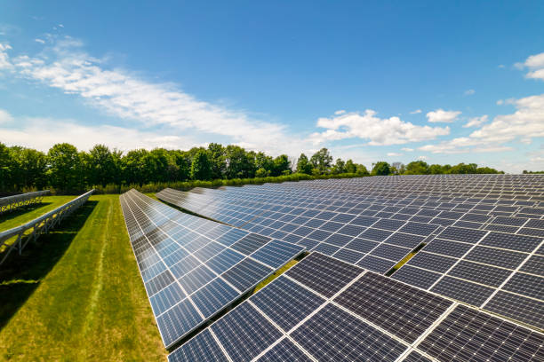 View of modern photovoltaic solar panels to charge battery. Rows of sustainable energy solar panels set up on the farmland. Green energy and environment ecology concept. stock photo