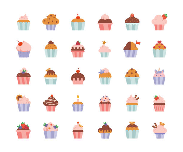 cupcake flat design icons. - muffin cupcake cake chocolate stock-grafiken, -clipart, -cartoons und -symbole